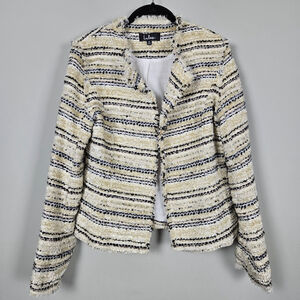 Lulus Women Fringe Tweed Blazer Jacket Medium Ivory Wool Striped Academia Preppy